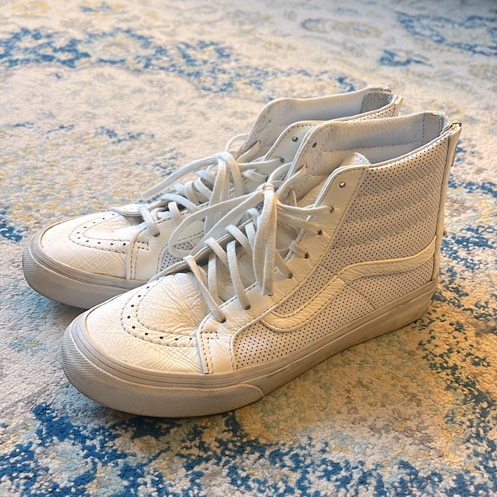 Vans White Leather High Tops with Zippered back